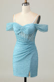 Blu Aderente Corsetto Spalle Fredde Abiti Da Cocktail con Fessura