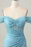 Blu Aderente Corsetto Spalle Fredde Abiti Da Cocktail con Fessura