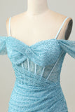 Blu Aderente Corsetto Spalle Fredde Abiti Da Cocktail con Fessura