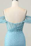Blu Aderente Corsetto Spalle Fredde Abiti Da Cocktail con Fessura