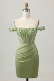 Verde Off The Shoulder Corsetto Paillettes Aderente Abiti Da Cocktail