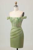 Verde Off The Shoulder Corsetto Paillettes Aderente Abiti Da Cocktail