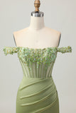 Verde Off The Shoulder Corsetto Paillettes Aderente Abiti Da Cocktail