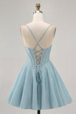 Grigio Blu Corsetto A Line Spaghetti Straps Abiti Da Cocktail
