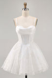Bianco A-Line corsetto Spaghetti Straps Satin Abiti Da Cocktail con Appliques