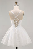 Bianco A-Line corsetto Spaghetti Straps Satin Abiti Da Cocktail con Appliques
