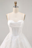 Bianco A-Line corsetto Spaghetti Straps Satin Abiti Da Cocktail con Appliques