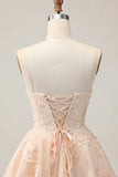 Albicocca A Line Spaghetti Straps Floreale Abiti Da Cocktail con Appliques