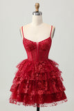 Scintillante rosso scuro A-Line corsetto a strati paillettes Mini Abiti Da Cocktail