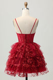 Scintillante rosso scuro A-Line corsetto a strati paillettes Mini Abiti Da Cocktail