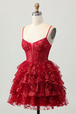 Scintillante rosso scuro A-Line corsetto a strati paillettes Mini Abiti Da Cocktail