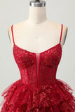 Scintillante rosso scuro A-Line corsetto a strati paillettes Mini Abiti Da Cocktail