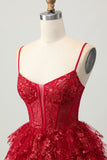 Scintillante rosso scuro A-Line corsetto a strati paillettes Mini Abiti Da Cocktail