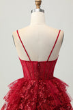 Scintillante rosso scuro A-Line corsetto a strati paillettes Mini Abiti Da Cocktail