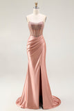 Blush sirena trasparente corsetto con perline lungo vestito da ballo senza spalline con fessura