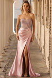 Blush sirena trasparente corsetto con perline lungo vestito da ballo senza spalline con fessura