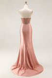 Blush sirena trasparente corsetto con perline lungo vestito da ballo senza spalline con fessura