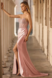 Blush sirena trasparente corsetto con perline lungo vestito da ballo senza spalline con fessura