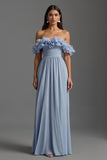 Sky Blue increspato Off the Shoulder Chiffon Abito formale con volant