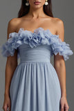 Sky Blue increspato Off the Shoulder Chiffon Abito formale con volant