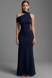 Abito lungo formale con collo asimmetrico in raso blu navy