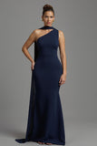 sirena blu navy satin collo sciarpa abito lungo formale