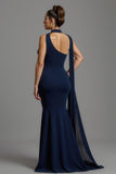 sirena blu navy satin collo sciarpa abito lungo formale