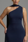 sirena blu navy satin collo sciarpa abito lungo formale