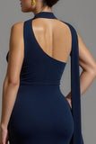 sirena blu navy satin collo sciarpa abito lungo formale