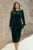 Vestito da lavoro midi arricciato in velluto verde scuro taglia plus size con maniche lunghe