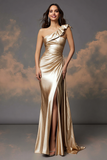 Glitter Gold Sheath One Spalla Increspato Abito da Cerimonia con fessura