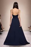 Blu scuro A-Line increspato Spaghetti Straps Abito da sera lungo