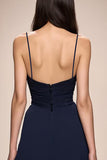 Blu scuro A-Line increspato Spaghetti Straps Abito da sera lungo