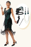 Nero verde paillettes frangia scollo a V 1920s abito con 5 pezzi accessori Set