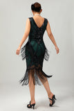 Nero verde paillettes frangia scollo a V 1920s abito con 5 pezzi accessori Set