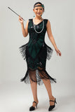 Nero verde paillettes frangia scollo a V 1920s abito con 5 pezzi accessori Set