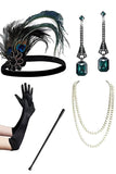 Nero verde paillettes frangia scollo a V 1920s abito con 5 pezzi accessori Set