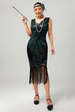 Nero verde paillettes frangia scollo a V 1920s abito con 5 pezzi accessori Set