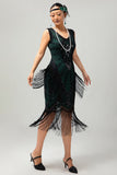 Nero verde paillettes frangia scollo a V 1920s abito con 5 pezzi accessori Set