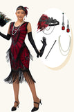 Abito con frange nero rosso paillettes 1920s con set di accessori da 5 pezzi
