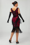 Abito con frange nero rosso paillettes 1920s con set di accessori da 5 pezzi