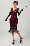 Abito con frange nero rosso paillettes 1920s con set di accessori da 5 pezzi
