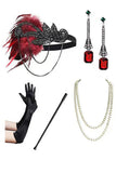 Abito con frange nero rosso paillettes 1920s con set di accessori da 5 pezzi