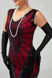 Abito con frange nero rosso paillettes 1920s con set di accessori da 5 pezzi