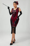 Abito con frange nero rosso paillettes 1920s con set di accessori da 5 pezzi