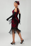 Abito con frange nero rosso paillettes 1920s con set di accessori da 5 pezzi