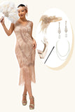 Champagne con frange paillettes 1920s Dress con 5 pezzi Set di accessori