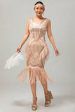 Champagne con frange paillettes 1920s Dress con 5 pezzi Set di accessori