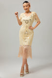 Albicocca con frange paillettes 1920s Flapper Dress con maniche corte