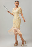 Albicocca con frange paillettes 1920s Flapper Dress con maniche corte